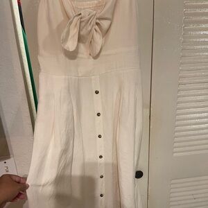 Express Cream midi linen Dress with Button Detail